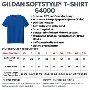May include: A royal blue Gildan Softstyle T-shirt, model 64000, with a self-collar and 3-button placket. The shirt features moisture-wicking fabric and is available in sizes XS to 5XL. Measurements include body length at back, chest width, and sleeve length.