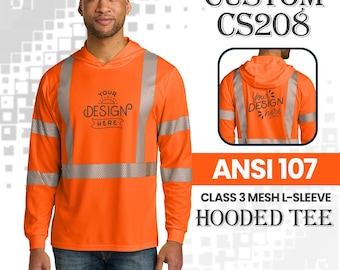 Class 3 Safety Hoodie | ANSI 107 Long Sleeve Reflective Tee | Hi Vis Work Shirt with Hood | Custom Logo Construction Top | Segmented Tape