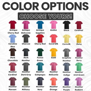 May include: Image displaying a range of t-shirt colours. Text at the top reads "COLOR OPTIONS" and "CHOOSE YOURS!". Each t-shirt is a different shade, with names such as "Antique Cherry Red", "Azalea", and "Heather Indigo".