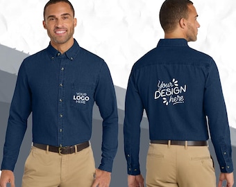 Custom Embroidered Denim Shirt | Personalized Long Sleeve Jean Shirt | Custom Logo Work Shirt | Port and Co SP10 | Denim Button Down