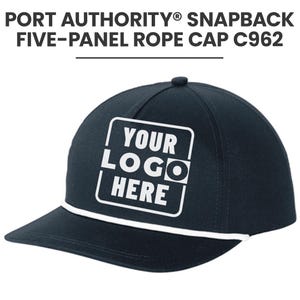 May include: A navy blue snapback five-panel rope cap with a white rope detail and a white square patch that says "YOUR LOGO HERE". The hat has a curved brim and a button on top.
