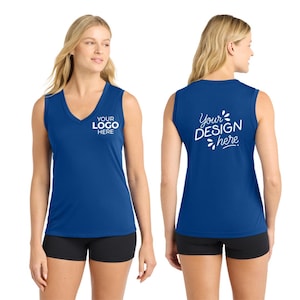May include: A sleeveless, royal blue athletic tank top with a V-neck. The front features the text "YOUR LOGO HERE" in white. The back of the tank top displays the text "Your DESIGN here" in white. The model is wearing black shorts.