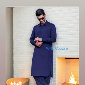 Navy Blue Cotton Pathani Suit: Indian Wedding Festive Wear
