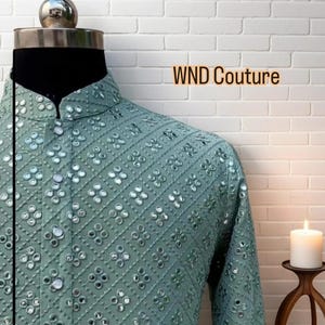 Indian Ethnic Wear men&#39;s clothing  Georgette  mirror work wedding kurta pajama set for man  Groom&#39;s wedding and Traditional wear outfit man