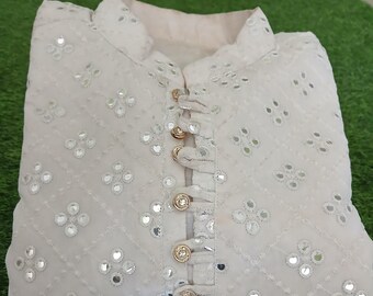 Men's White Chikankari Kurta Set: Indian Wedding Tunic