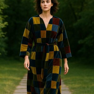 May include: A long, patterned dress with a V-neck and a matching belt. The dress features a patchwork design of squares in shades of blue, gold, and brown. The model is walking on a stone path in a green outdoor setting.