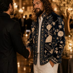 Pu&ograve; includere: Una giacca in velluto blu profondo con intricati ricami floreali dorati, indossata sopra una camicia bianca abbottonata e pantaloni bianchi. La giacca presenta un colletto alto e maniche lunghe, con cuciture dorate sul davanti e sulle maniche.