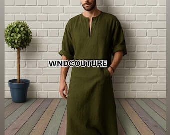 Caftán de lino verde oliva para hombre: prenda de estar por casa estilo bohemio de manga larga.