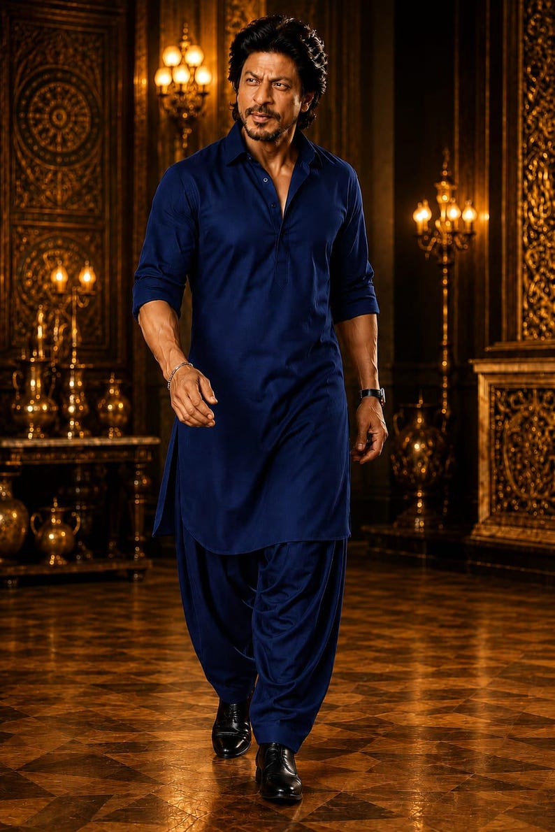May include: A man in a navy blue kurta pajama, a traditional South Asian outfit, walks forward. The outfit includes a long tunic and loose-fitting pants. He wears black dress shoes. The background features ornate gold decor and lighting.
