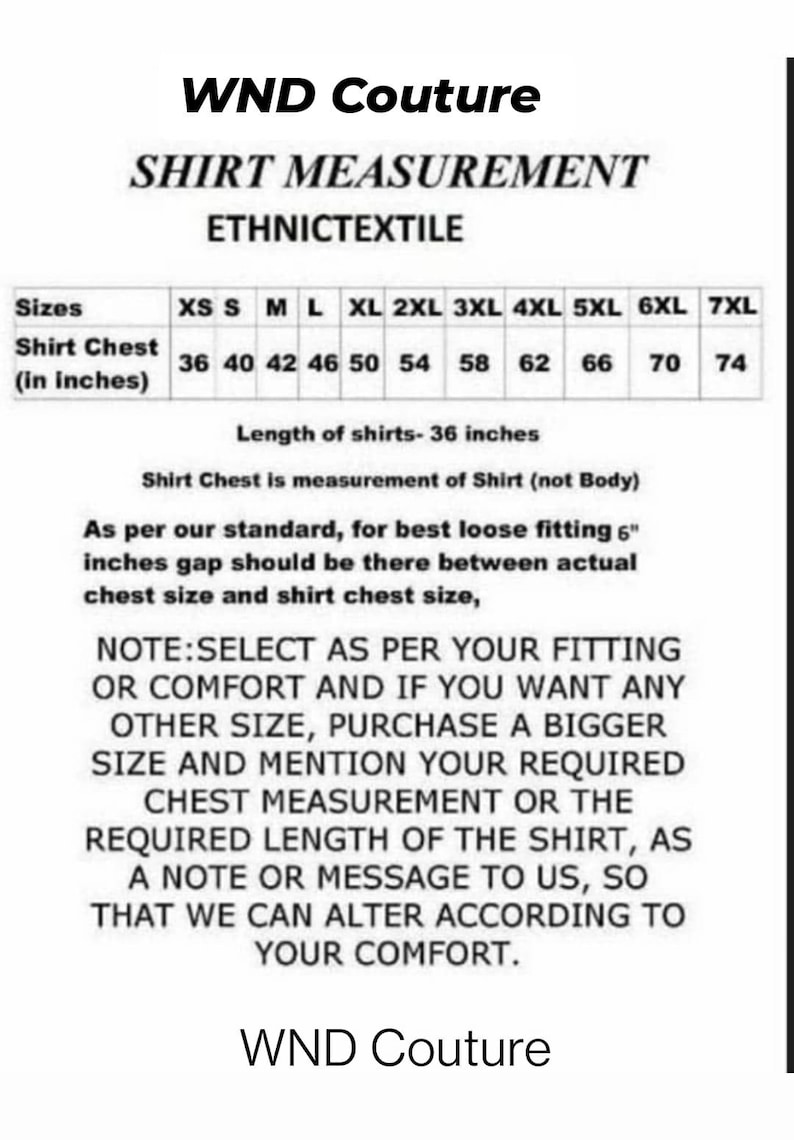 May include: Shirt measurement chart from WND Couture. The chart displays shirt chest sizes in inches, ranging from XS to 7XL, with measurements from 36 to 74 inches. Includes a note about fitting and comfort.