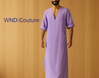 Bata tipo caftán de lino lavanda hecha a mano: ropa de estar por casa informal para hombre.
