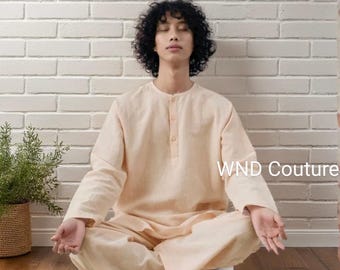 Conjunto de kurta y pijama de algodón hecho a mano: atuendo indio para meditación para hombre.