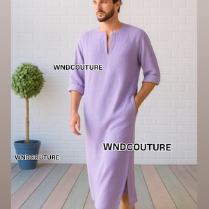 Men&#39;s Lavender Linen Caftan |Long Summer Tunic Dress | Beachwear Robe  Relaxed  Fit Kaftan For Men | Linen Caftn for Men | Boho Linen Caftan