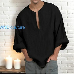 Men&#39;s Nevy Blue Linen Men&#39;s top | Oversized Boho Shirt | Summer Festival Wear | Handmade Linen shirt | Deep Neck Boho Top for man clothing