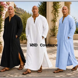 May include: Three long-sleeved thobes in black, white, and light blue, each featuring a V-neckline, side pockets, and high side slits. The text WND Couture is centered in the image. These garments are worn with brown sandals.