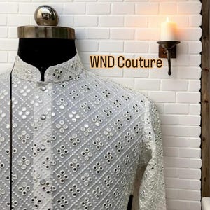 Indian Ethnic Wear men&#39;s clothing  Georgette  mirror work wedding kurta pajama set for man  Groom&#39;s wedding and Traditional wear outfit man