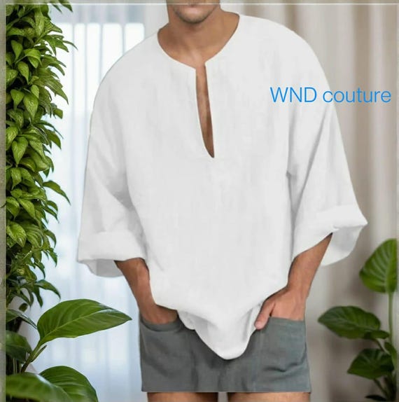 Men's Linen Boho Shirt: Handmade Moroccan Caftan Top