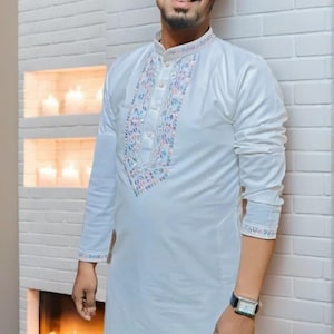 Indian White  Embroidered Kurta for Men, Traditional Indian Wedding & Festive Wear