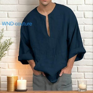 Men&#39;s Nevy Blue Linen Men&#39;s top | Oversized Boho Shirt | Summer Festival Wear | Handmade Linen shirt | Deep Neck Boho Top for man clothing