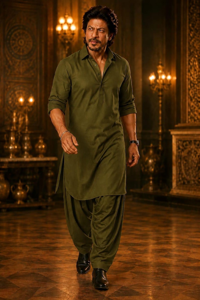 May include: A man in an olive green kurta and salwar suit walks forward. The traditional Indian outfit includes a long-sleeved shirt and loose-fitting pants. He wears black dress shoes and a watch. The background features ornate decor and warm lighting.