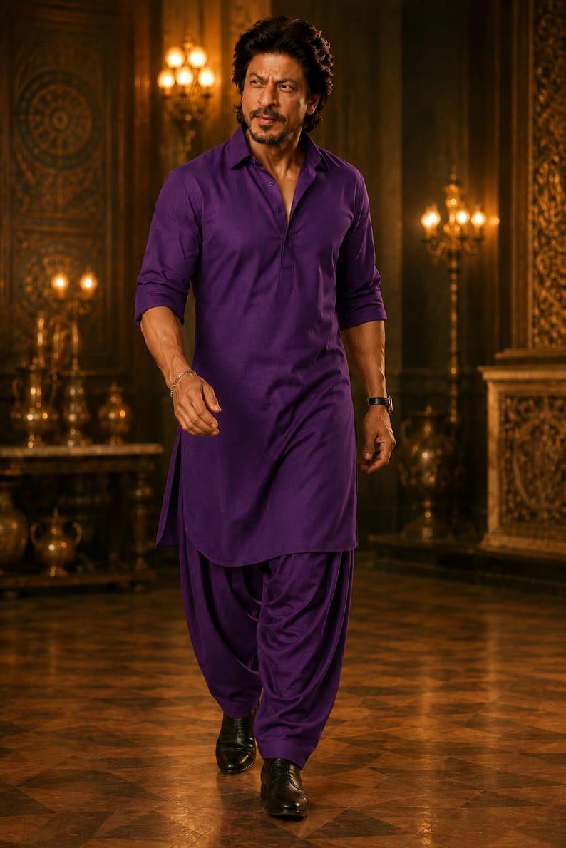 May include: A man in a purple kurta pajama, a traditional South Asian outfit, walks forward. The long-sleeved shirt is buttoned at the collar. The pants are loose and gathered at the ankles. He wears black dress shoes. The background is a room with ornate decor.