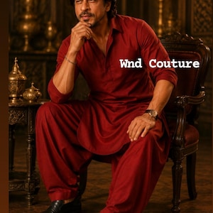 May include: A burgundy kurta pajama set. The ensemble includes a long-sleeved shirt and loose-fitting pants. The outfit is paired with black leather shoes. The text "Wnd Couture" is visible on the image.