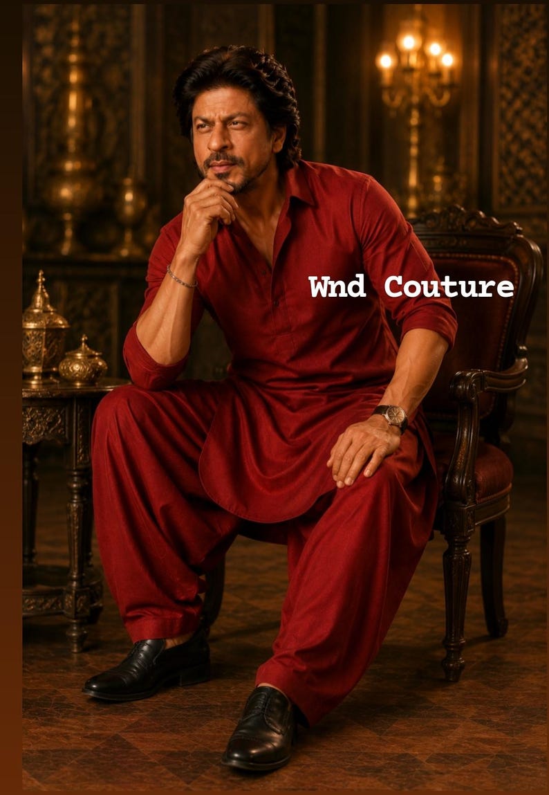 May include: A burgundy kurta pajama set. The ensemble includes a long-sleeved shirt and loose-fitting pants. The outfit is paired with black leather shoes. The text "Wnd Couture" is visible on the image.