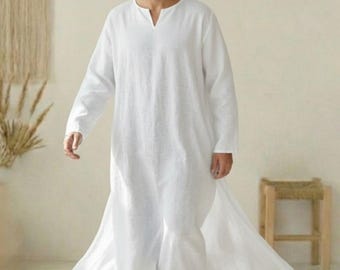 Man white Pure Linen Kaftan for Men - Long Summer Tunic - Breathable Boho