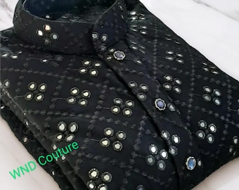 Men's Black Mirror Work Chikankari Kurta Set: Indian Wedding Tunic