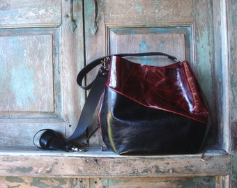 Handmade Black and Red Leather Hobo, Black leather Hide, Leather Hobo