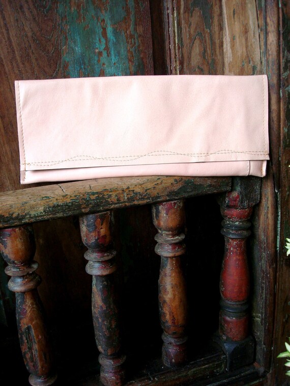 Items similar to Handmade Soft Pink Leather Clutch with Black Suede