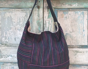 Purple and Navy Stripe Textile Hobo with Black Leather Handle, Handmade Hobo bag