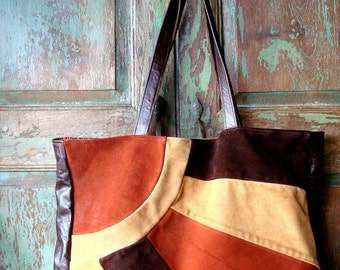 Upcycled Brown Suede Tote with Rust and Camel Highlights...Sunrise and Sunset Design  Holiday Sale