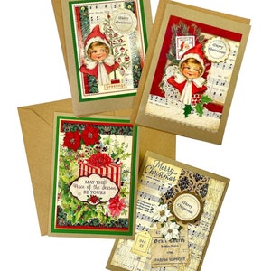 Collage Art Christmas Card Set of FOUR with Dimensional Paper Poinsettias & Embellishments, 5x7&quot;