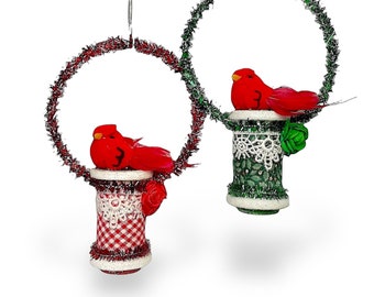 Red Bird Ornaments, Cardinal Christmas Decorations, Upcycled Spools