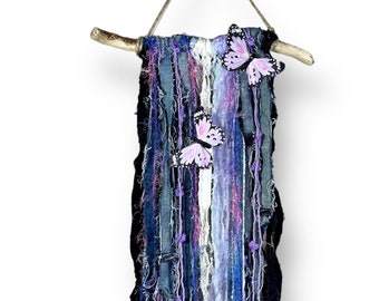 Handmade Purple Boho Wall Hanging With Butterflies, Upcycled Denim Decor