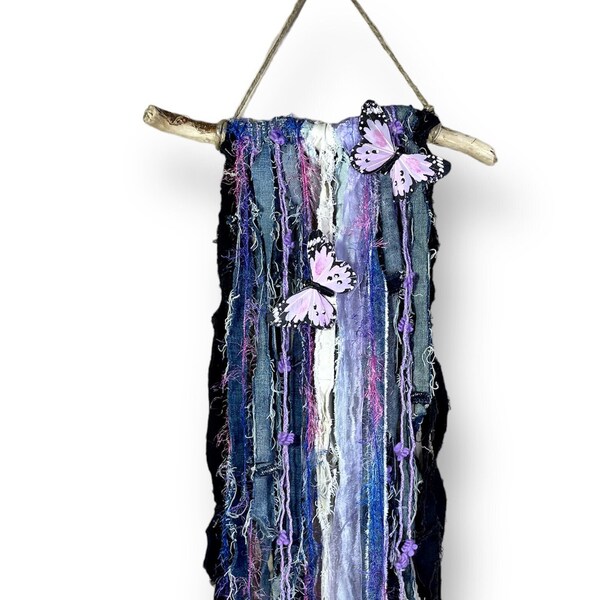 Handmade Purple Boho Wall Hanging With Butterflies, Upcycled Denim Decor