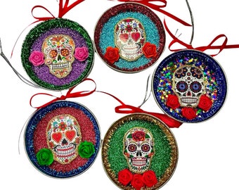 Festive Sugar Skull Ornament, Upcycled Day of The Dead Decoration For Christmas