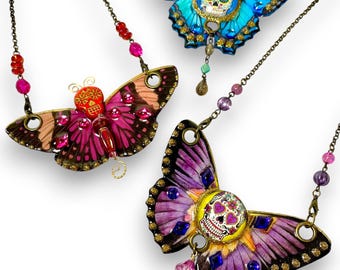 Butterfly Skull Statement Necklace, Rhinestone Day of the Dead Pendants
