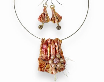 Creative Statement Necklace Earring Set, Wearable Art Jewelry in Peachy Pink Rose Gold