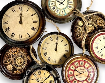 Aged Tin Can Lid Ornament, Old-Fashioned Clock Face, Upcycled, Vintage Inspired Holiday & New Year Decor