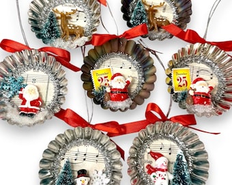 Handmade Christmas Diorama Ornaments,  Upcycled Vintage Holiday Decor with Santa, Reindeer & Snowman