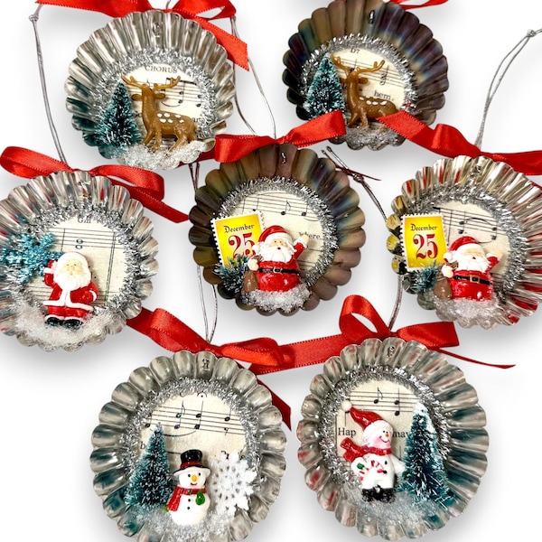 Handmade Christmas Diorama Ornaments,  Upcycled Vintage Holiday Decor with Santa, Reindeer & Snowman