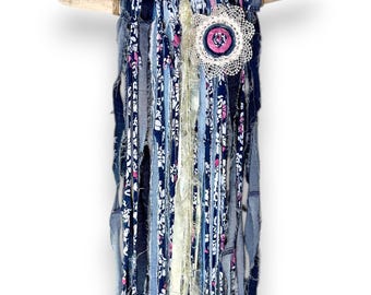 Upcycled Denim Floral Wall Hanging, Boho Textile Art, Pacific Northwest Driftwood Decor