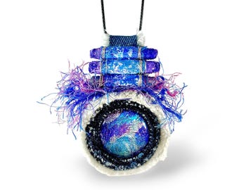 Upcycled Statement Pendant Necklace, Eco Friendly Fiber Art Jewelry, Handmade Denim Accessory