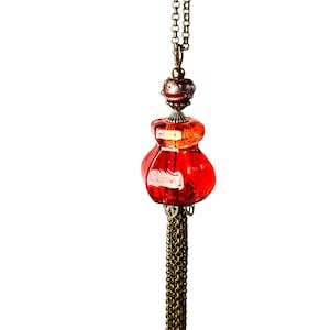 Long Red Tassel Necklace: Upcycled Glass Knob, Bronze Chain
