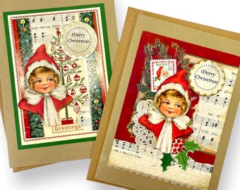 Handmade Vintage Inspired Christmas Card with Girl, Collage Art  5x7"