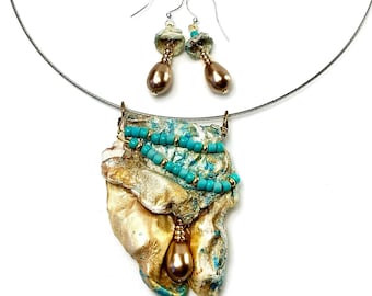 Boho Jewelry Set, Necklace Earring Set, Southwest Inspired, Turquoise Gold - REAL HANDMADE