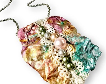 Lacy Rainbow Pastel Pearl Mermaid Necklace Pendant, Recycled Fiber Art Jewelry