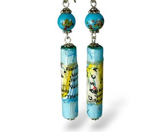 Map Dangle Earrings, Paper Bead Jewelry, Gift for Traveler